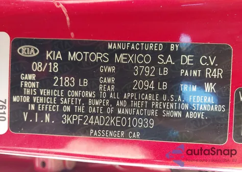 2019 Kia Forte Lxs z USA, uszkodzony, nr VIN 3KPF24AD2KE010939